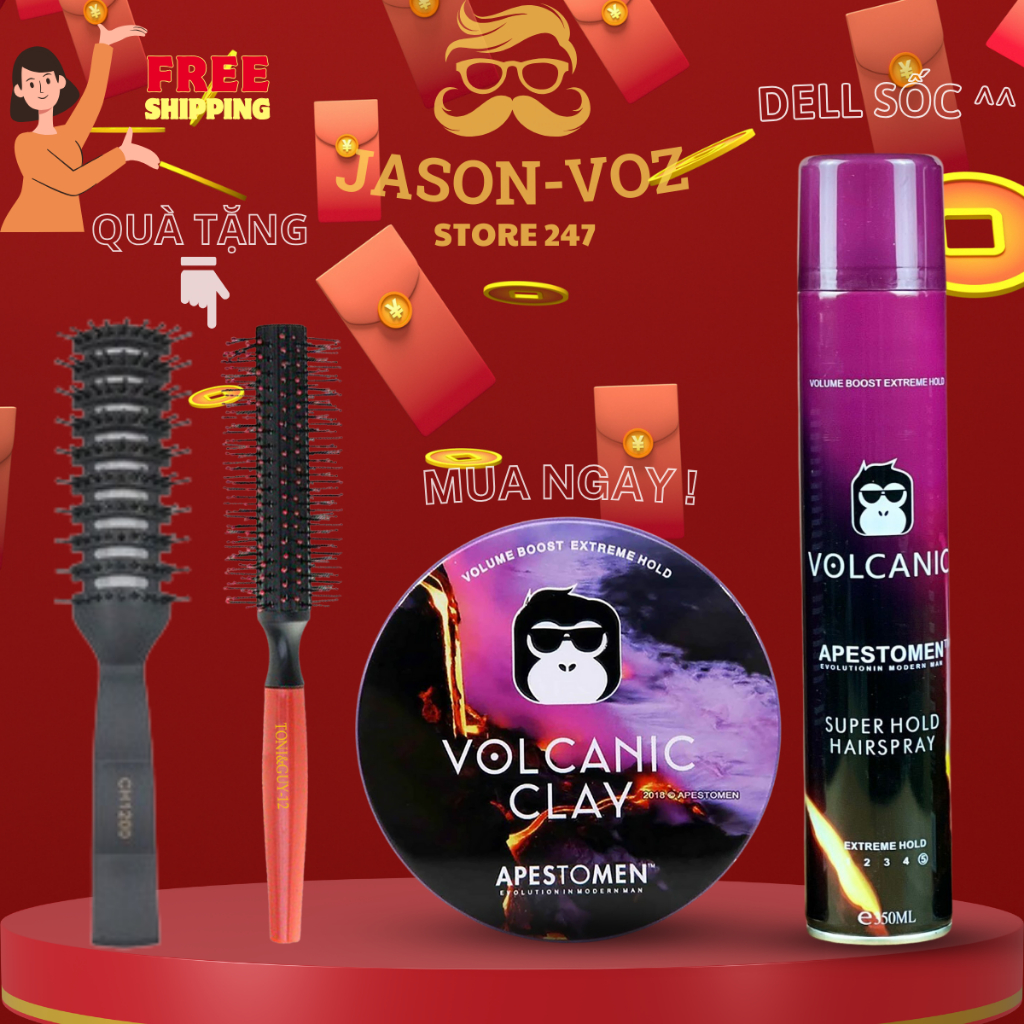 Combo Gôm(keo) Xịt Tóc Volcanic + Sáp Vuốt tóc Clay Tạo Kiểu Giữ Nếp (Tặng lược) Chính Hãng