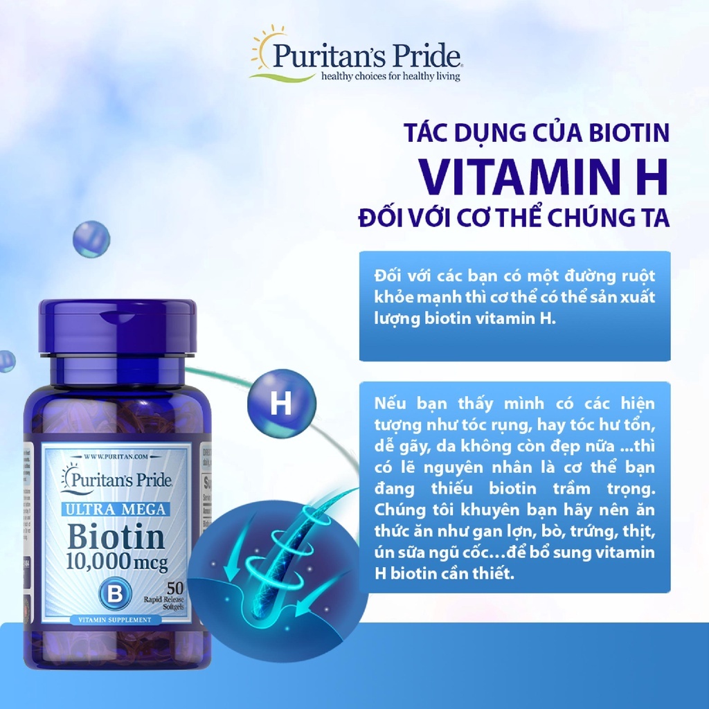 Viên uống giảm rụng tóc, giúp nhanh mọc tóc mới, kiềm dầu da đầu Puritan’s Pride Biotin 10,000 mcg của Mỹ 50 viên
