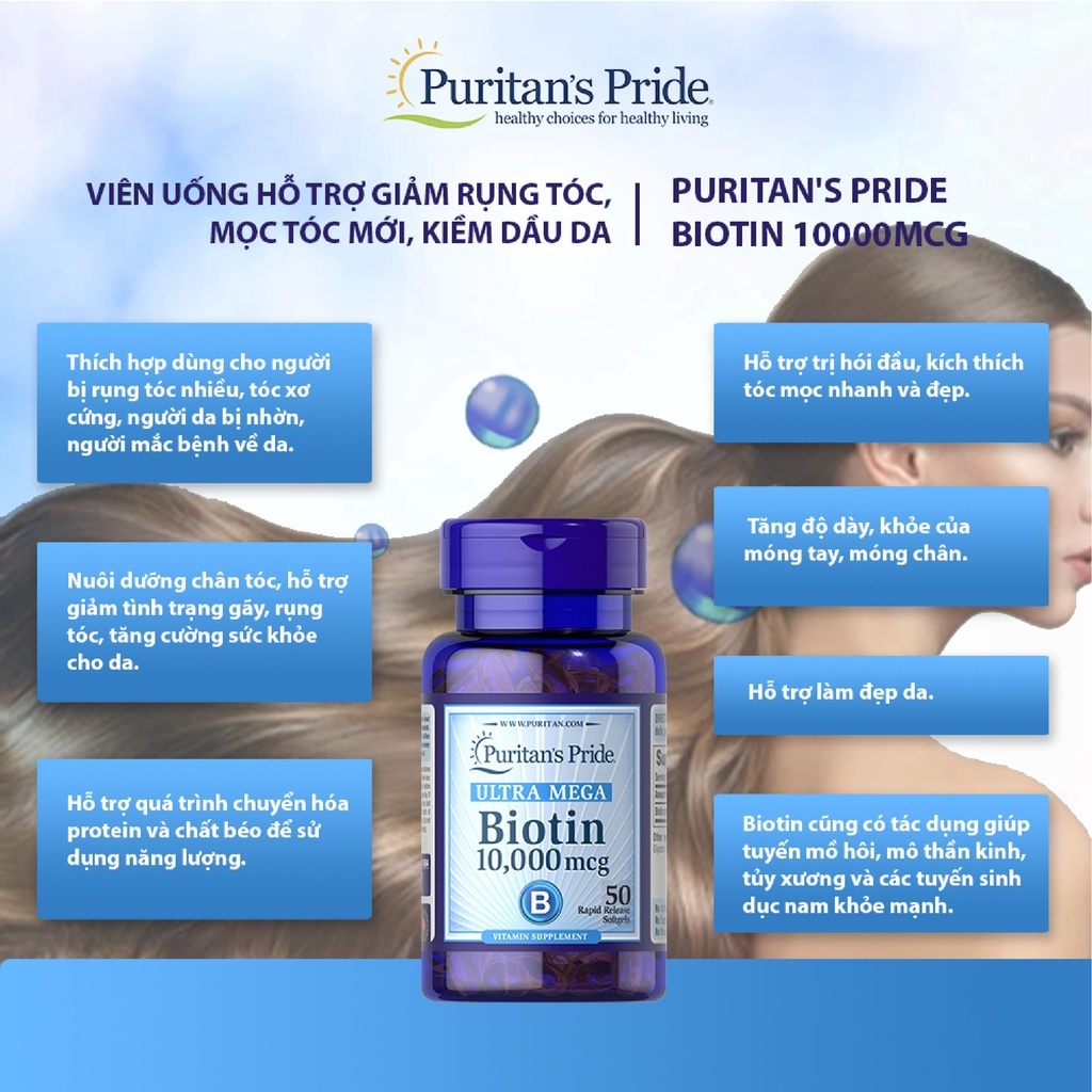 Viên uống giảm rụng tóc, giúp nhanh mọc tóc mới, kiềm dầu da đầu Puritan’s Pride Biotin 10,000 mcg của Mỹ 50 viên
