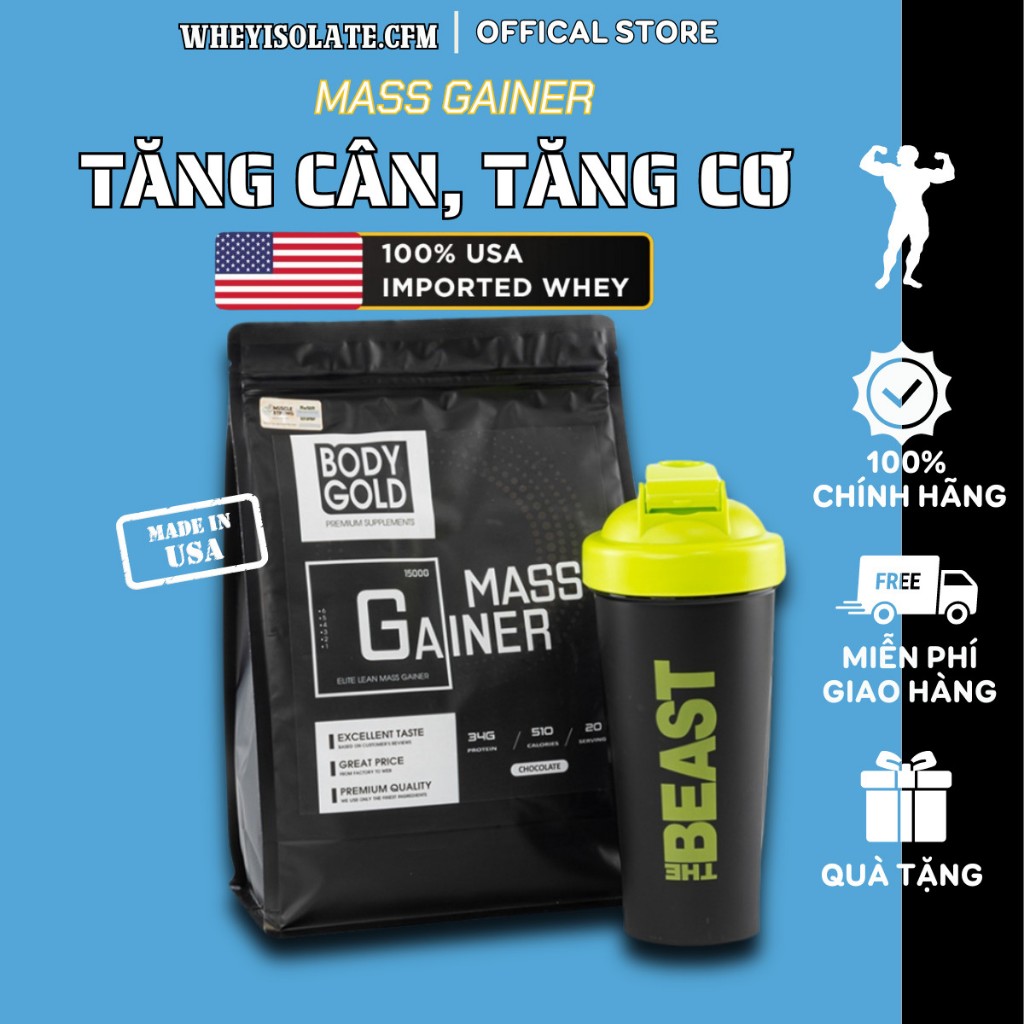 Mass Gainer Hight Protein Sữa Tăng cân Tăng Cơ Body Gold túi 1,5kg + Tặng Bình Lắc 700ml