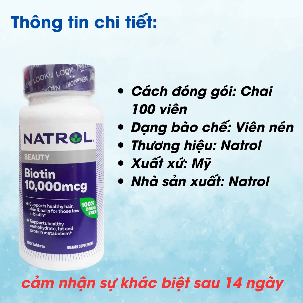 Viên uống mọc tóc Natrol Biotin 10000 Mcg của Mỹ 100 viên giúp kích mọc tóc, giảm gãy rụng | ALIA