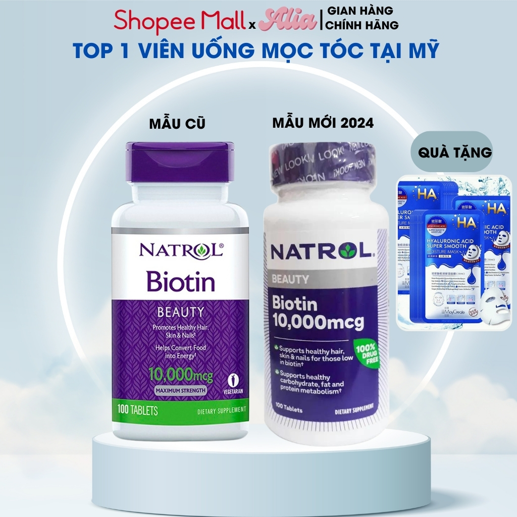 Viên uống mọc tóc Natrol Biotin 10000 Mcg của Mỹ 100 viên giúp kích mọc tóc, giảm gãy rụng | ALIA