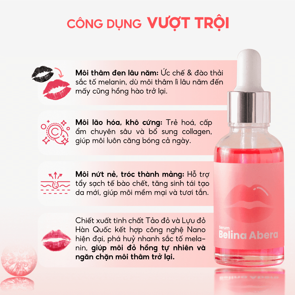 Serum hồng môi khử thâm Belina Abera 20ml – Dưỡng môi hồng căng bóng tự nhiên, giảm thâm môi, khô môi nứt nẻ nhanh chóng