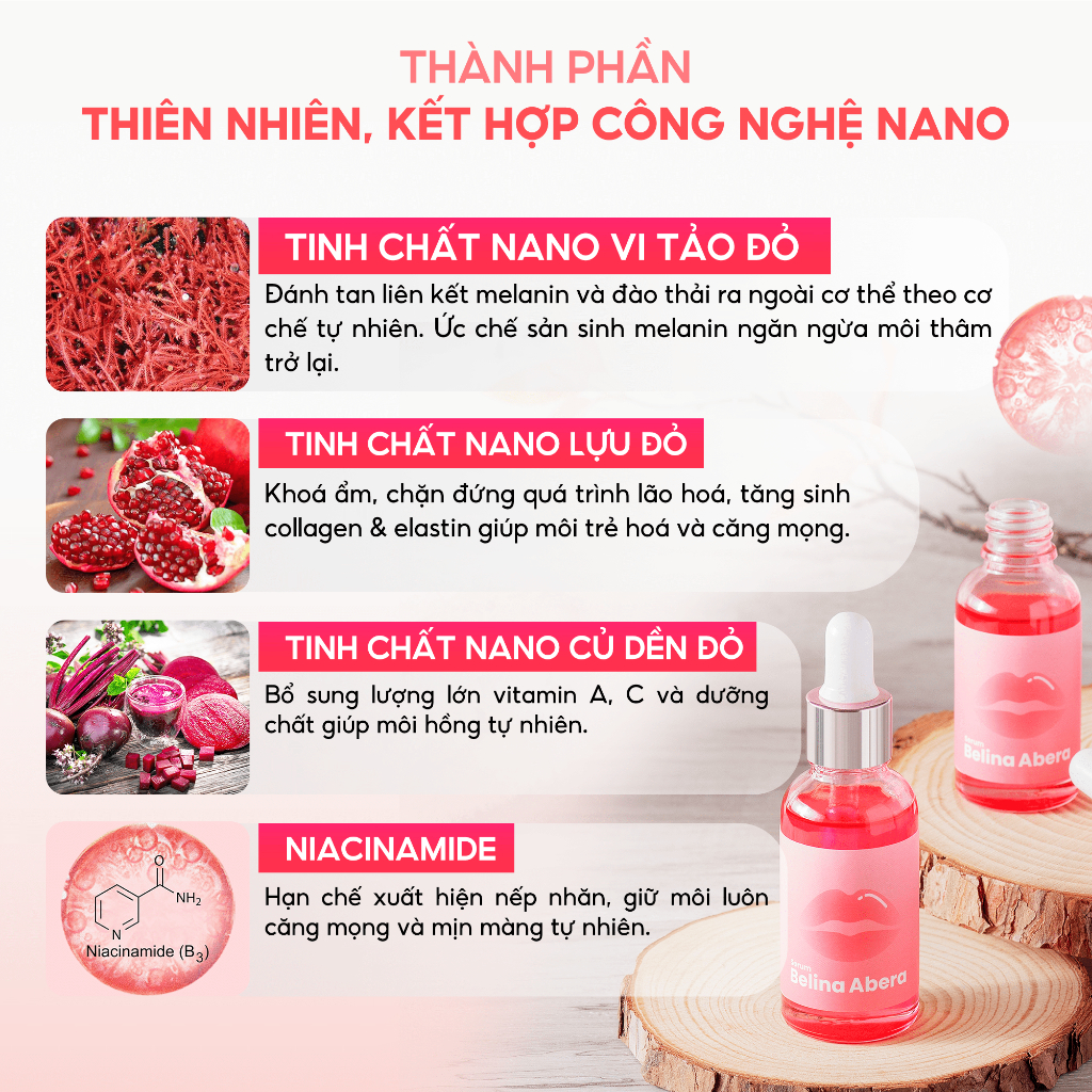 Serum hồng môi khử thâm Belina Abera 20ml – Dưỡng môi hồng căng bóng tự nhiên, giảm thâm môi, khô môi nứt nẻ nhanh chóng