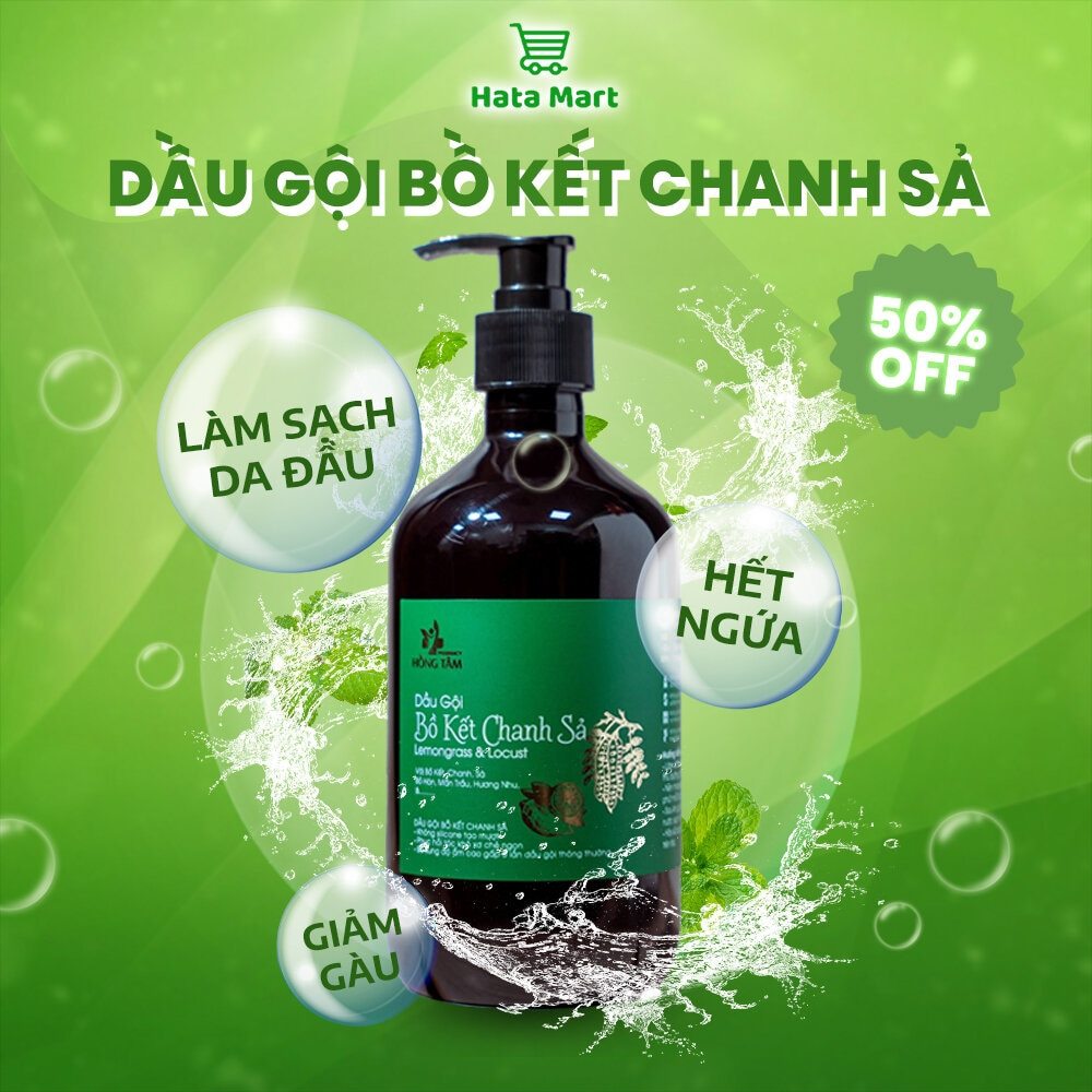 Dầu gội bồ kết chanh sả HATA 500ml, dầu gội đầu giảm gãy rụng tóc, giảm gàu, kích thích mọc tóc