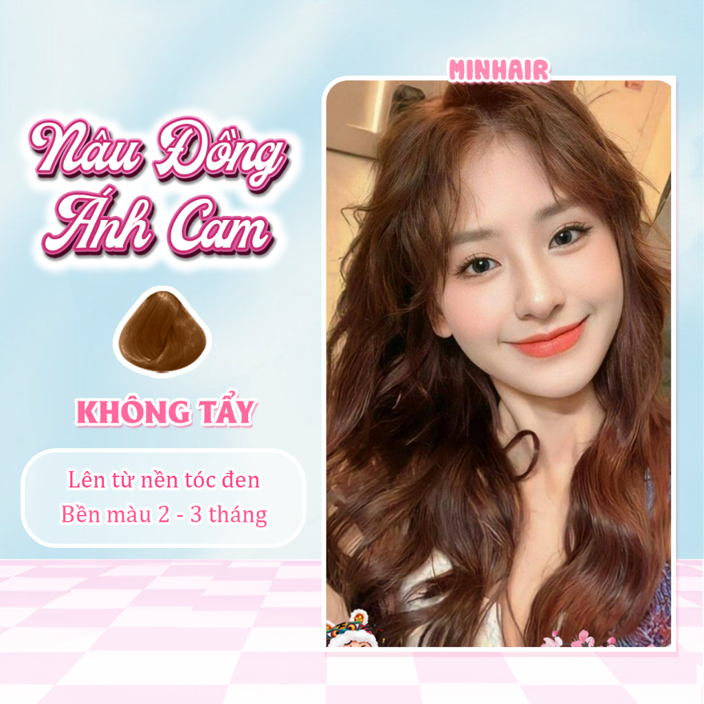 Thuốc nhuộm tóc Nâu, Thuốc nhuộm tóc màu Nâu Đồng Ánh Cam, Minhair, tặng kèm oxi trợ dưỡng và bao tay