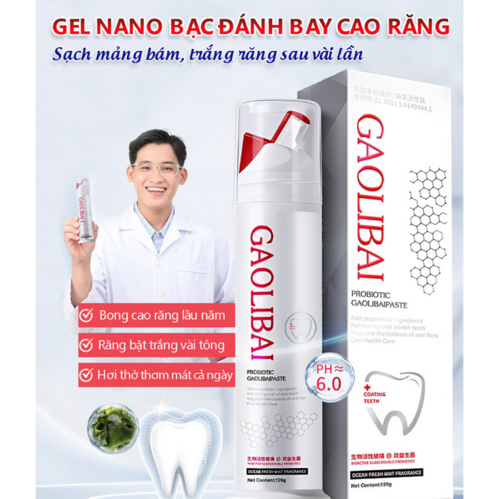 Gel nano bạc GAOLIBAI đánh bật cao răng sạch mảng bám trắng răng cho hơi thở thơm mát, GAOLIBAI chính hãng 120g kem đánh