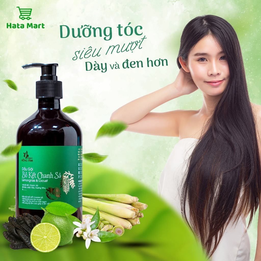 Dầu gội bồ kết chanh sả HATA 500ml, dầu gội đầu giảm gãy rụng tóc, giảm gàu, kích thích mọc tóc
