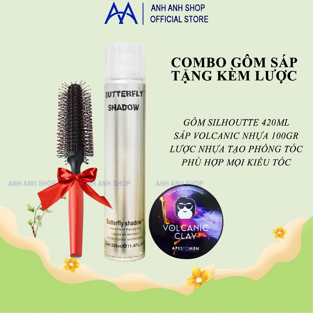 Combo gôm Butterfly Shadow 320ml chính hãng + Sáp vuốt tóc + lược tròn tạo phồng tóc