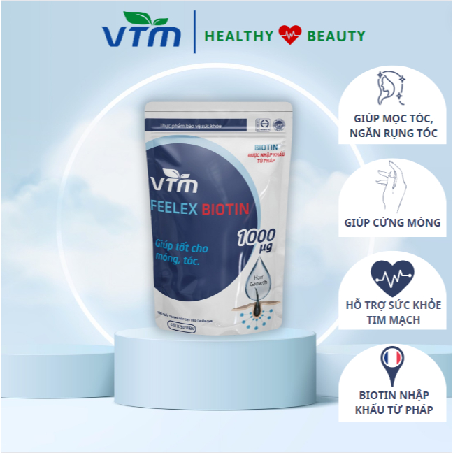 Viên uống VTM Feelex Biotin ngăn rụng tóc, hỗ trợ mọc tóc, vitamin C, vitamin E, glutathione, collagen, kẽm, viên nghệ