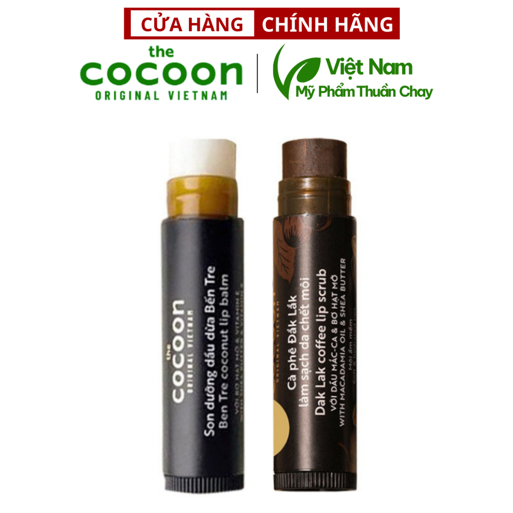 Combo son tẩy da chết môi Cà phê đắk lắk cocoon5g + son dưỡng môi dầu dừa bến tre cocoon5g