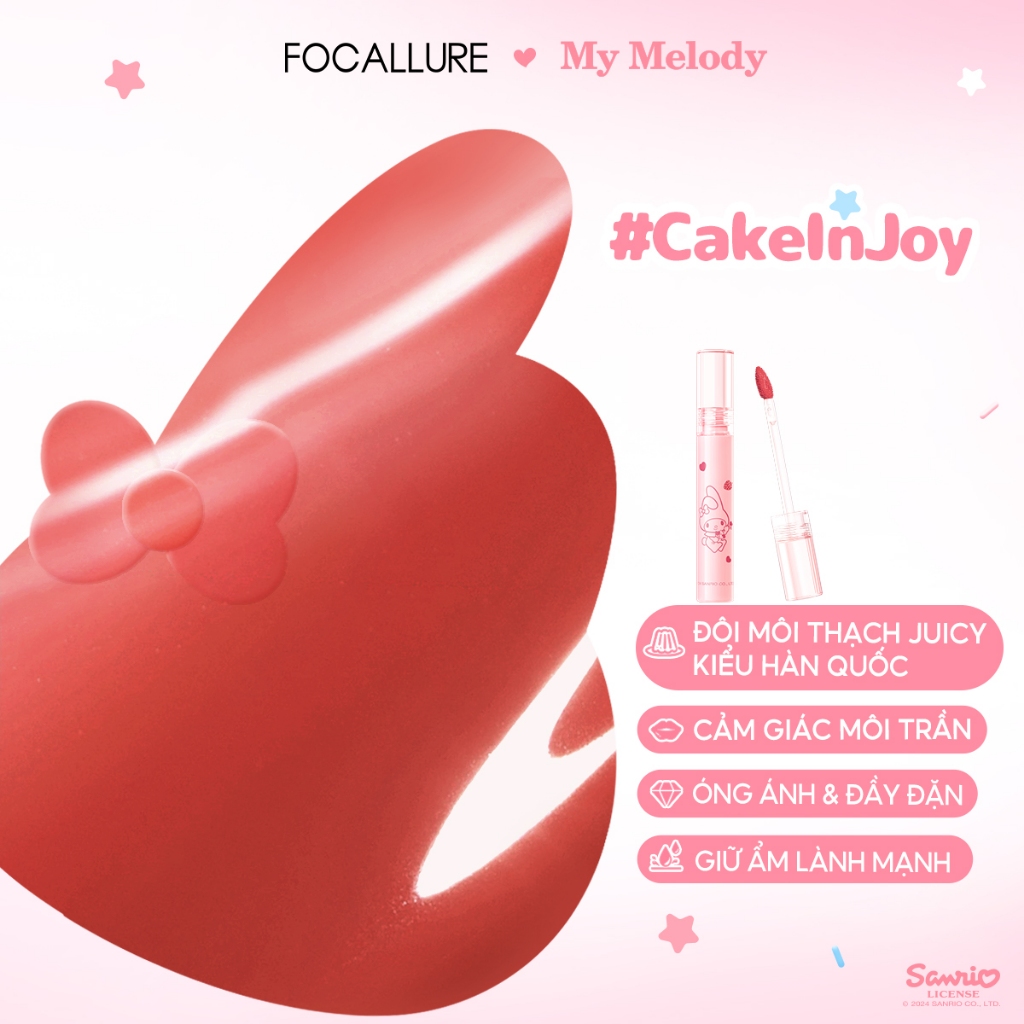 [Focallure x Sanrio] Son Tint Căng Bóng Mọng Nước Không Dính Lâu Trôi 2.6g