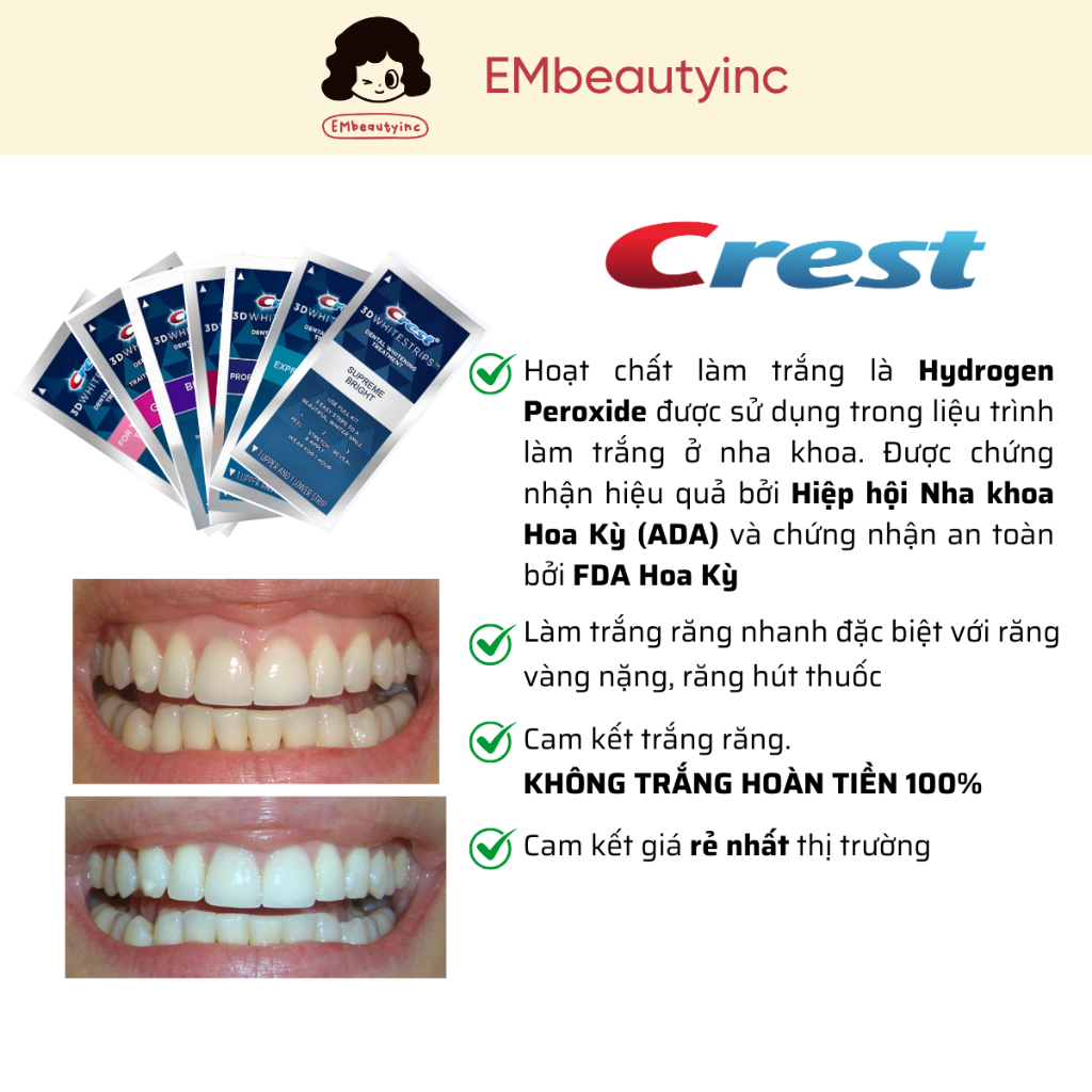 [1 GÓI] Miếng dán trắng răng Crest 3D Whitestrips Mỹ