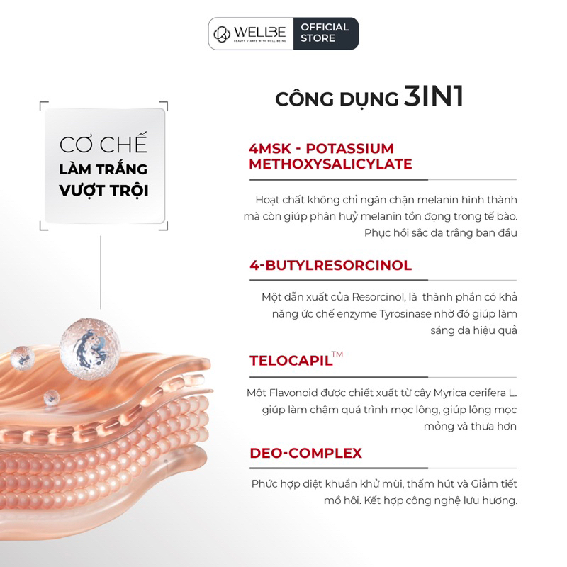 Kem trắng nách WELLBE, khử mùi, hỗ trợ làm chậm mọc lông nách Advanced Booster Armpit Cream 30ml [Mua 1 tặng 2]
