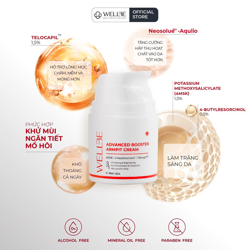 Kem trắng nách WELLBE, khử mùi, hỗ trợ làm chậm mọc lông nách Advanced Booster Armpit Cream 30ml [Mua 1 tặng 2]