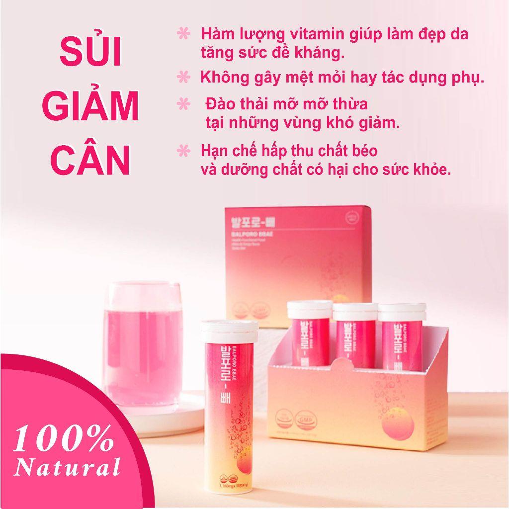 Giảm cân với  Viên sủi BALPORO BBAE Hàn Quốc hỗ trợ giảm cân, đốt cháy mỡ thừa ,chuyển hoá chất béo 1hộp 3 lọ