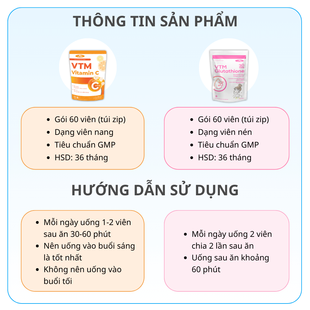 Combo Trắng Sáng Mịn Màng Viên Uống VTM Vitamin C Và Viên Uống VTM Glutathione