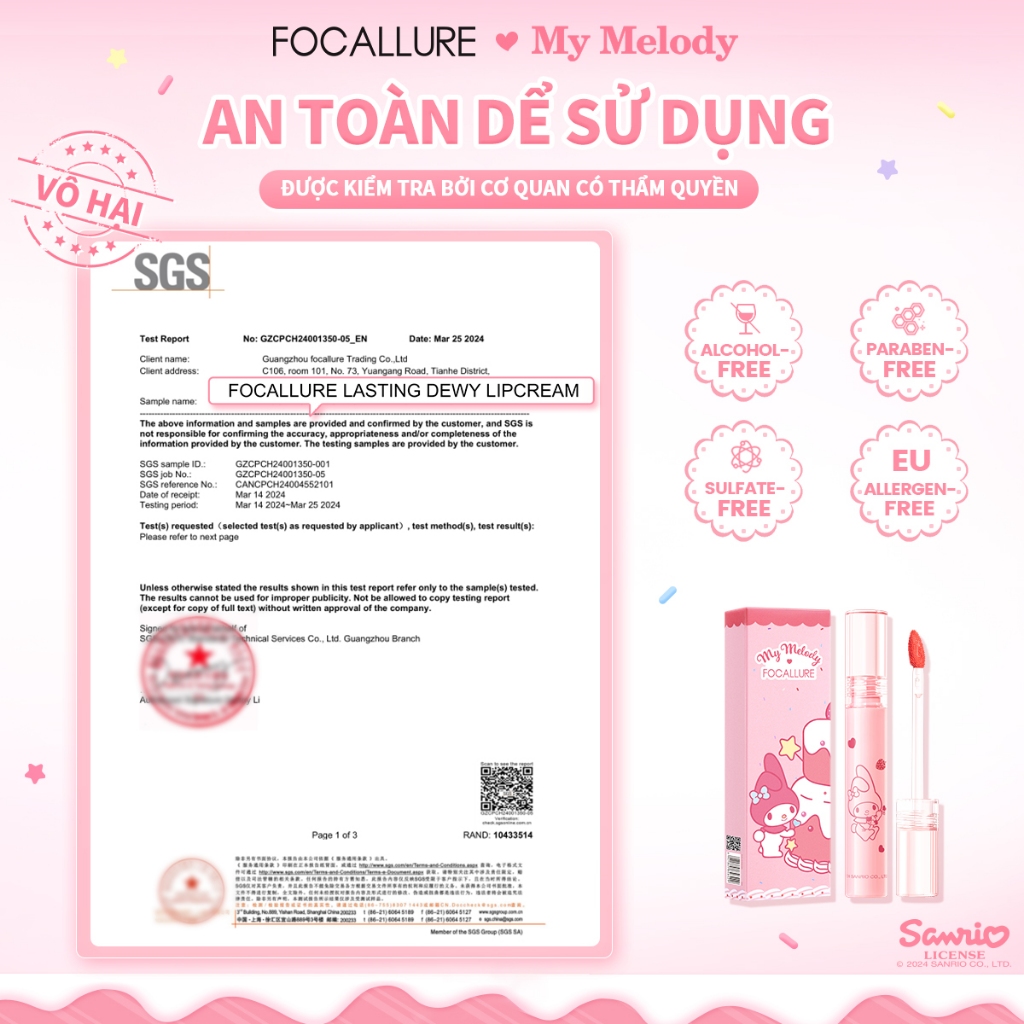 [Focallure x Sanrio] Son Tint Căng Bóng Mọng Nước Không Dính Lâu Trôi 2.6g