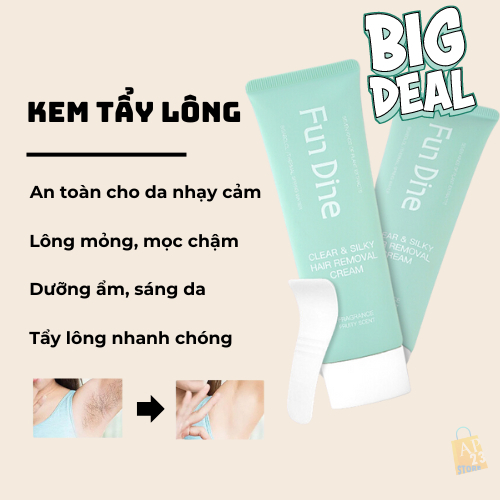 Kem tẩy lông triệt lông tẩy lông nách chân tay vùng bikini, chính hãng an toàn hiệu quả cho da nhạy cảm Fun Dine 80gram
