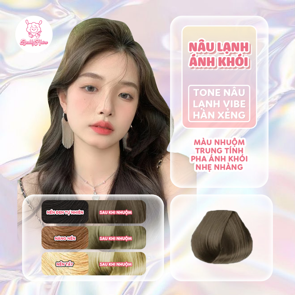 Thuốc nhuộm tóc Nâu lạnh ánh khói không cần dùng Thuốc tẩy tóc của Buddyhairs tặng kèm găng tay, mũ trùm , trợ nhuộm