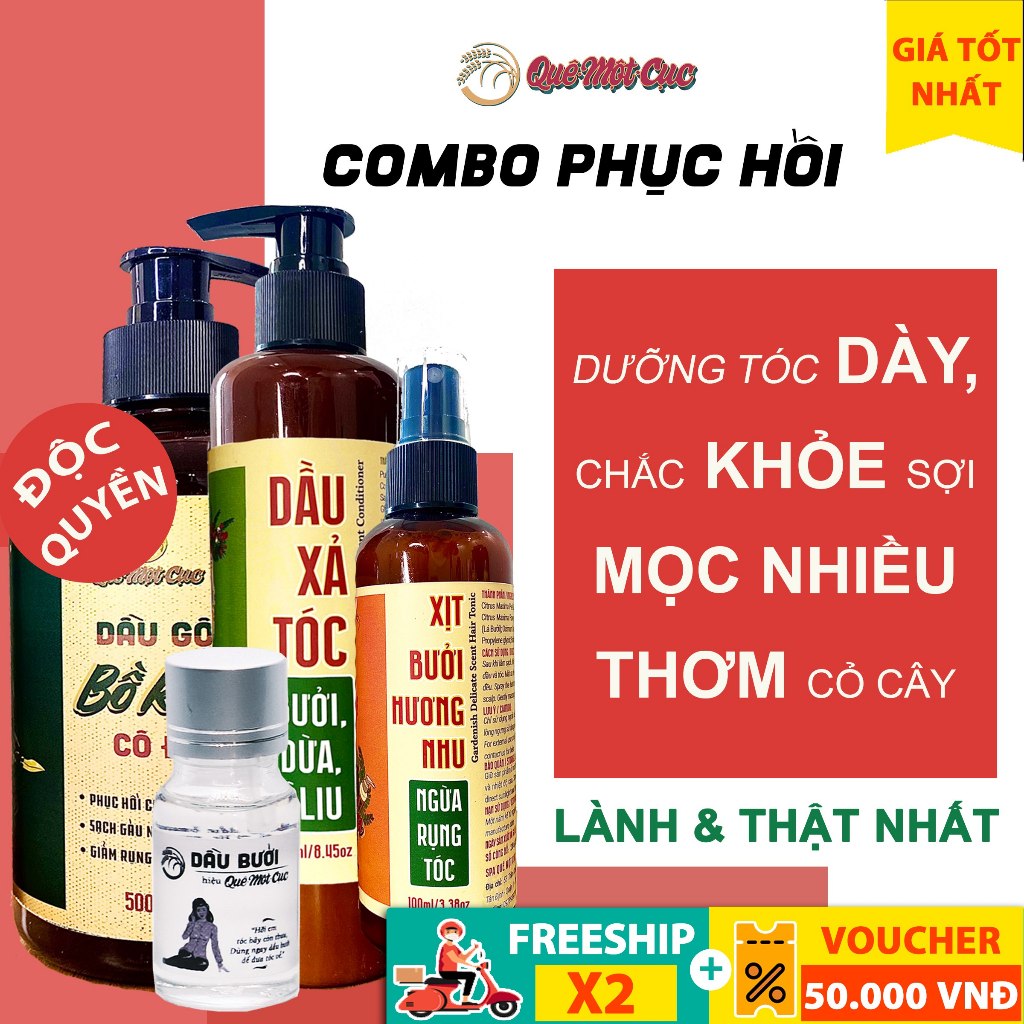 COMBO CHỐNG RỤNG; PHỤC HỒI; TÁI TẠO TÓC MỚI 4 MÓN: DẦU GỘI BỒ KẾT; DẦU XẢ; XỊT DƯỠNG TÓC; TINH CHẤT MỌC TÓC  QUÊ MỘT CỤC