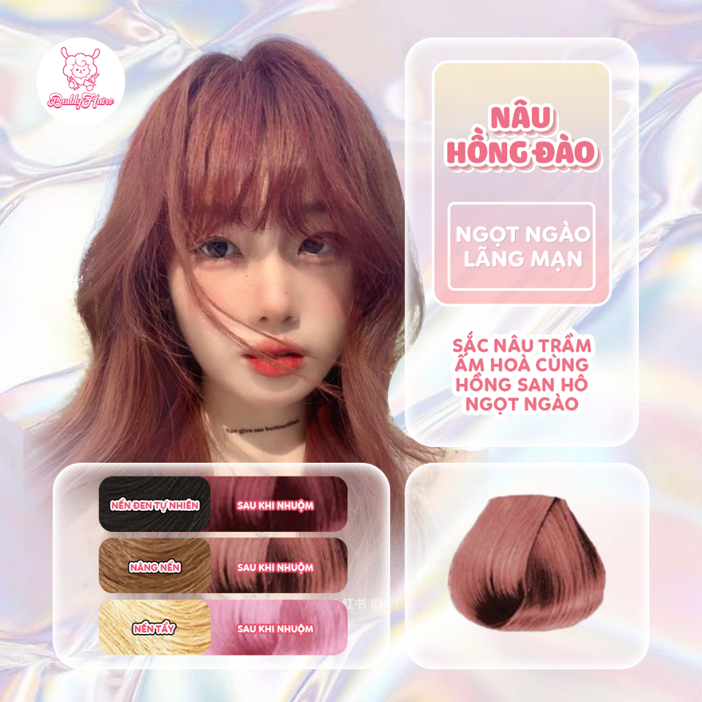 Thuốc nhuộm tóc màu NÂU HỒNG ĐÀO, thuốc nhuộm tóc không cần tẩy, kem nhuộm tóc tại nhà Buddyhairs tặng kèm dụng cụ