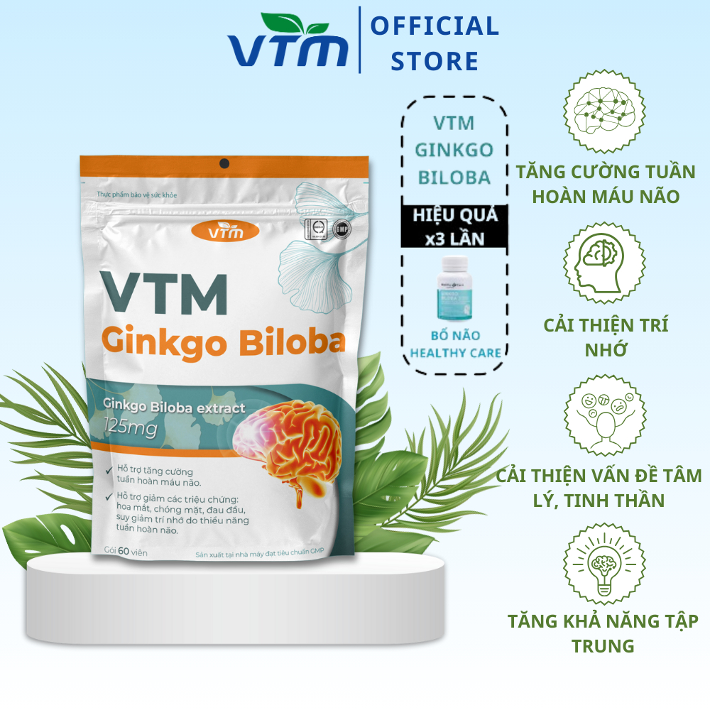 Viên uống bổ não VTM Ginkgo Biloba cải thiện trí nhớ tăng cường tư duy – túi 60 viên