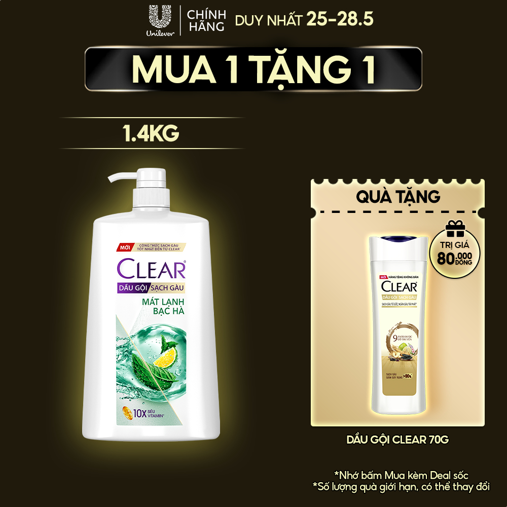 Dầu gội sạch gàu Clear Mát Lạnh Bạc Hà 1,4kg