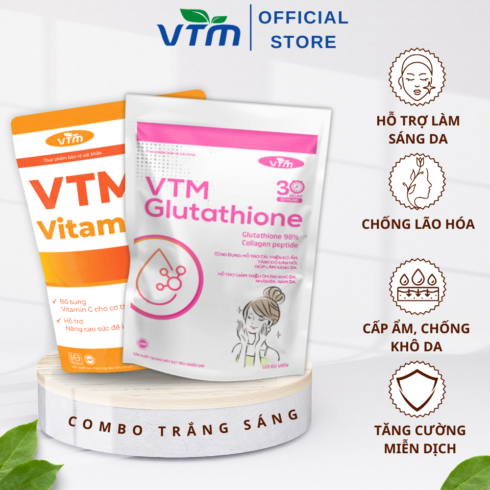 Combo Trắng Sáng Mịn Màng Viên Uống VTM Vitamin C Và Viên Uống VTM Glutathione