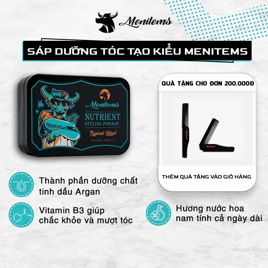 Sáp vuốt tóc Menitems, sáp tóc pomade, giữ nếp, tạo kiểu tự nhiên lên đến 10H, nước hoa lưu hương lâu Tropical Wind