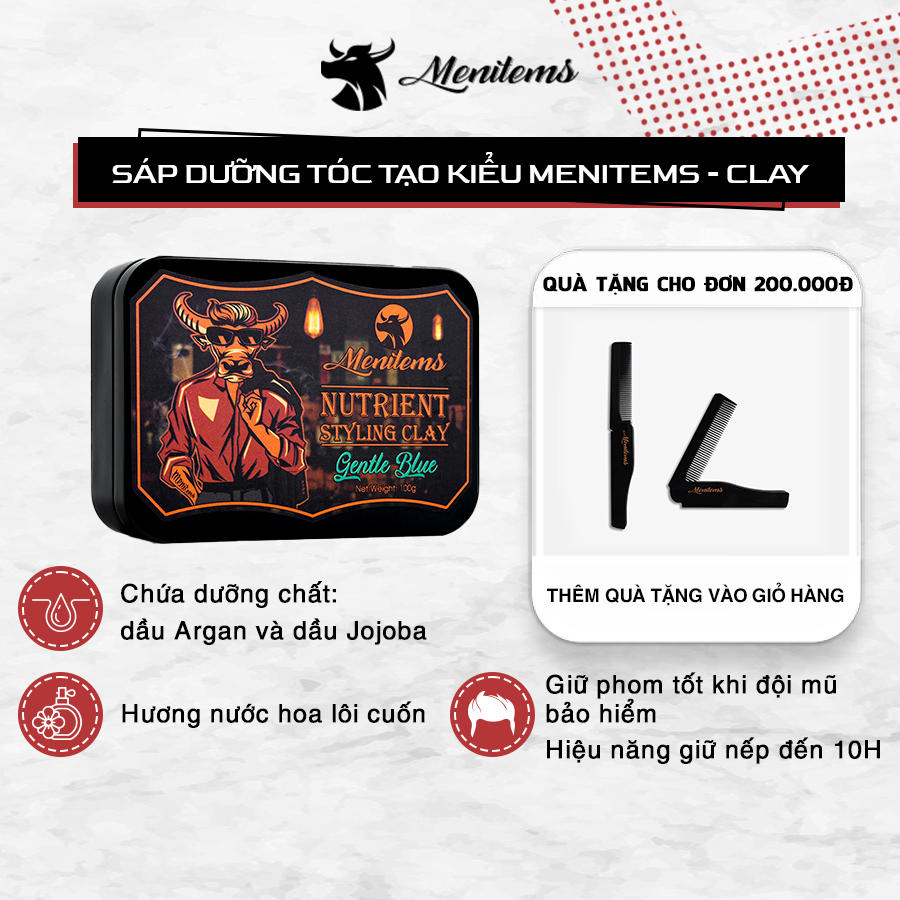 Sáp vuốt tóc Menitems, sáp dưỡng tạo kiểu Clay giúp tạo nếp giữ kiểu tự nhiên hương thơm lôi cuốn Gentle Blue