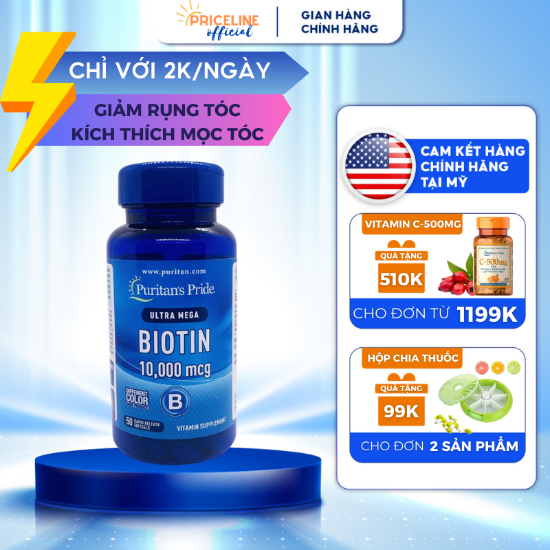 Viên uống giảm rụng tóc, giúp nhanh mọc tóc mới, kiềm dầu da đầu Puritan’s Pride Biotin 10,000 mcg của Mỹ 50 viên