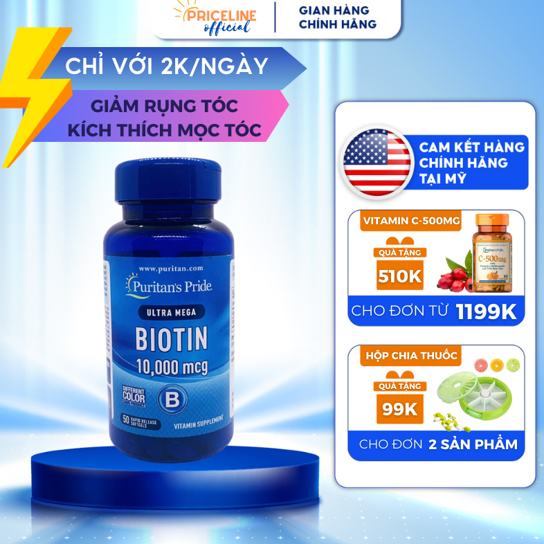 Viên uống giảm rụng tóc, giúp nhanh mọc tóc mới, kiềm dầu da đầu Puritan’s Pride Biotin 10,000 mcg của Mỹ 50 viên