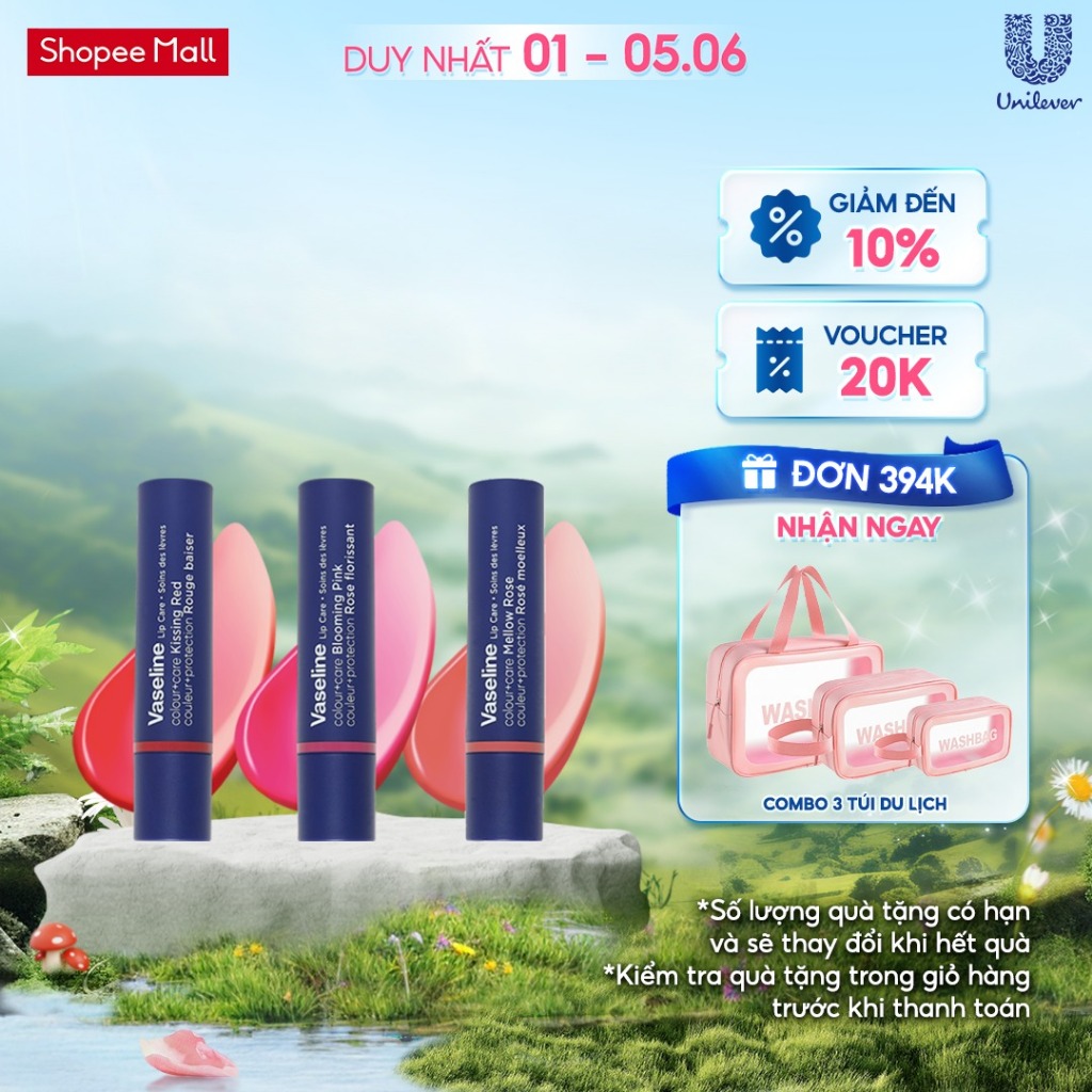 Son dưỡng môi Vaseline Colour+Care 3g (Mellow Rose/Kissing Red/Blooming Pink)