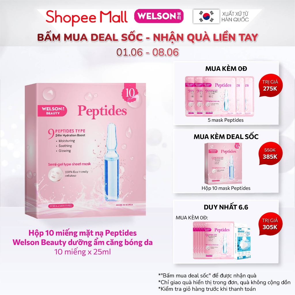 Mặt Nạ Hàn Quốc Dưỡng Ẩm Phục Hồi Da Welson Beauty Peptides 10 miếng