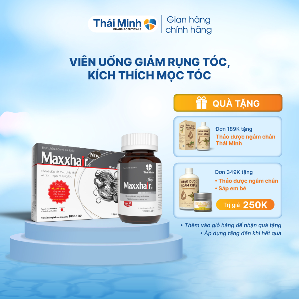 Viên uống Maxxhair Thái Minh – Hỗ trợ kích thích mọc tóc, giảm nguy cơ rụng tóc, hói đầu – Hộp 30 Viên & Lọ 60 Viên