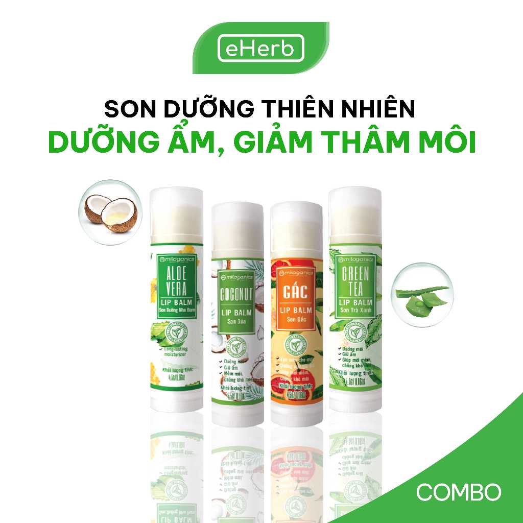 Son Dưỡng Ẩm, Giảm Thâm Môi: Dừa, Trà Xanh, Gấc MILAGANICS (4.5g/ Cây)