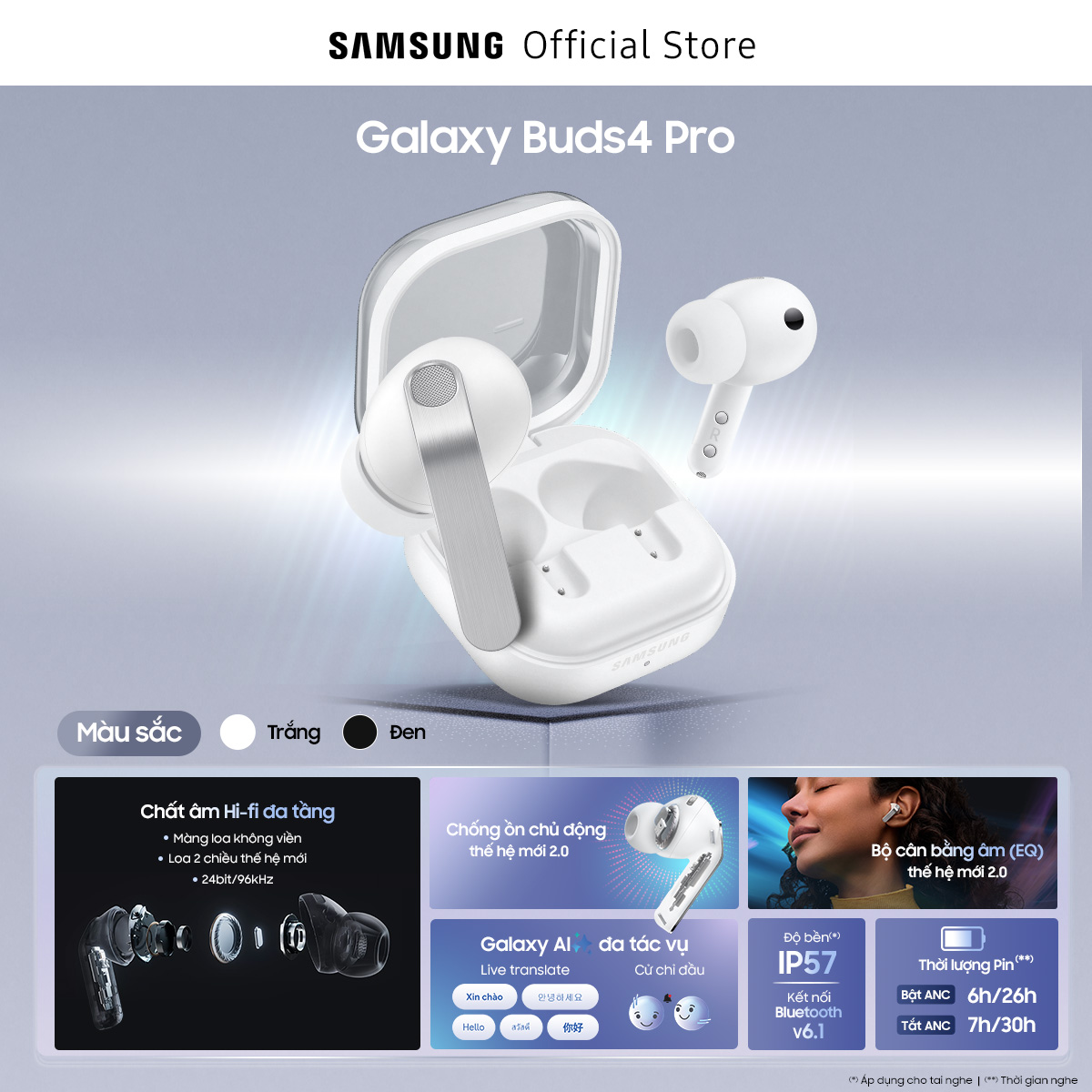 Tai nghe Samsung Galaxy Buds4 Pro, Chất âm Hi-Fi đa tầng, Chống ồn chủ động, Galaxy AI đa tác vụ