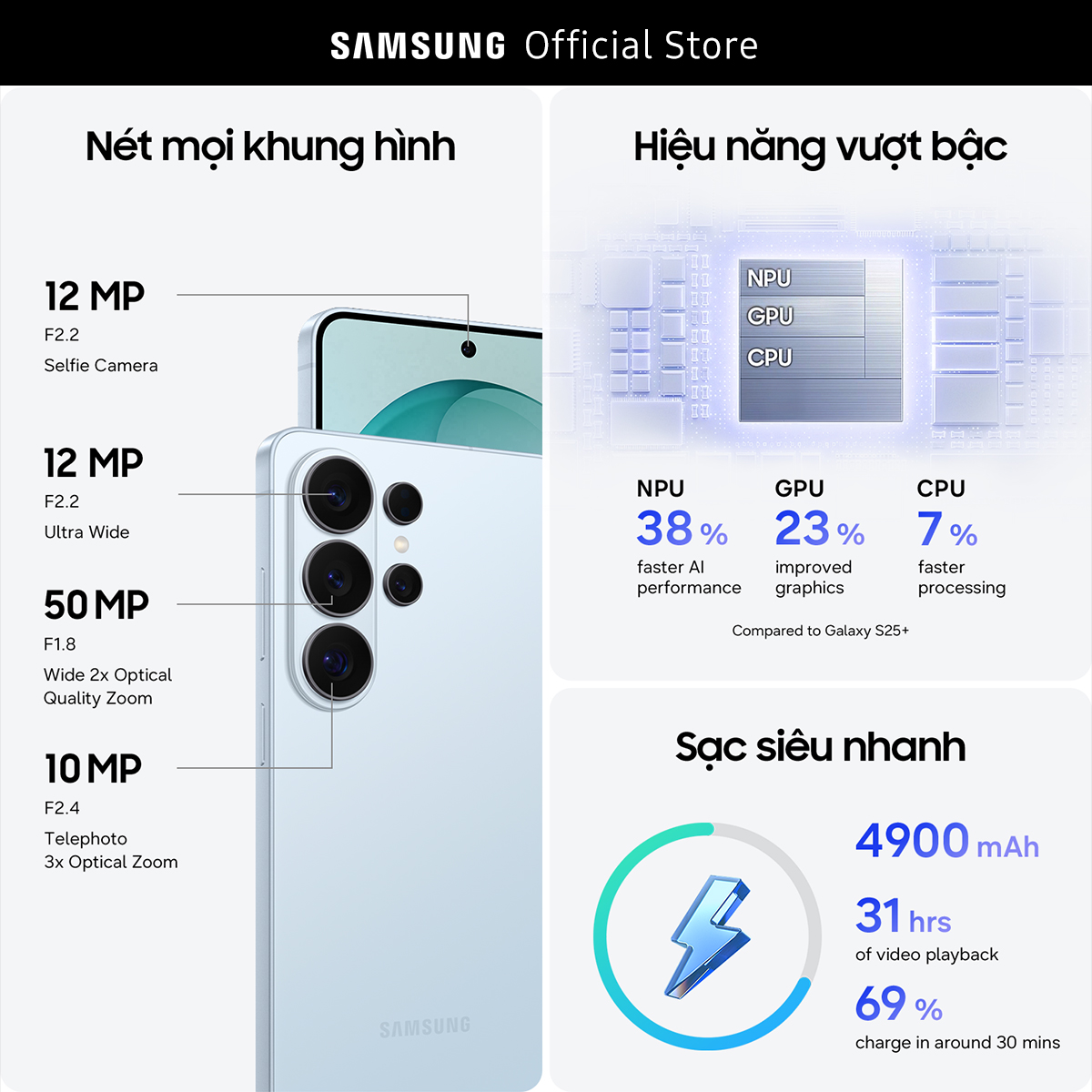Điện thoại Samsung Galaxy S26+, 12GB/512GB, Customized AP, AI Phone, Photo Assist, Creative Studio, 50MP Camera, 4900mAh