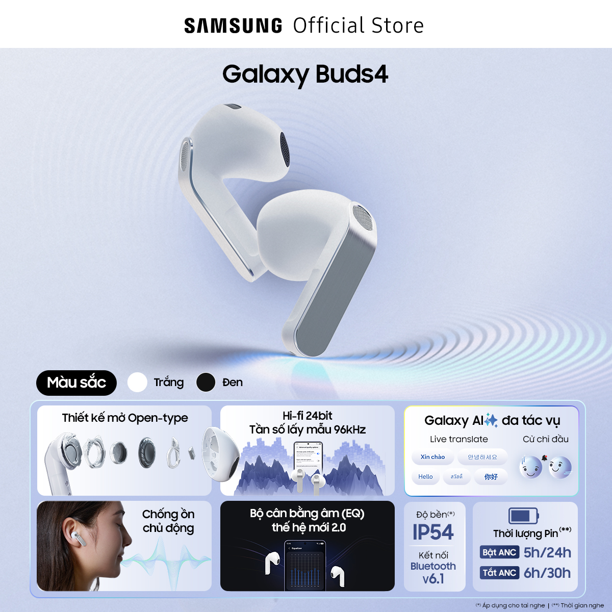 Tai nghe Samsung Galaxy Buds4, Chất âm Hi-Fi đa tầng, Chống ồn chủ động, Galaxy AI đa tác vụ