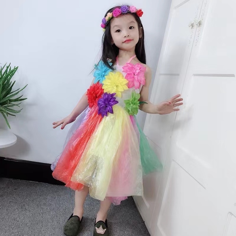 Túi nhựa tái chế váy xanh quần áo tay bé gái mẫu giáo vải cha mẹ và con cái thời trang.3.6