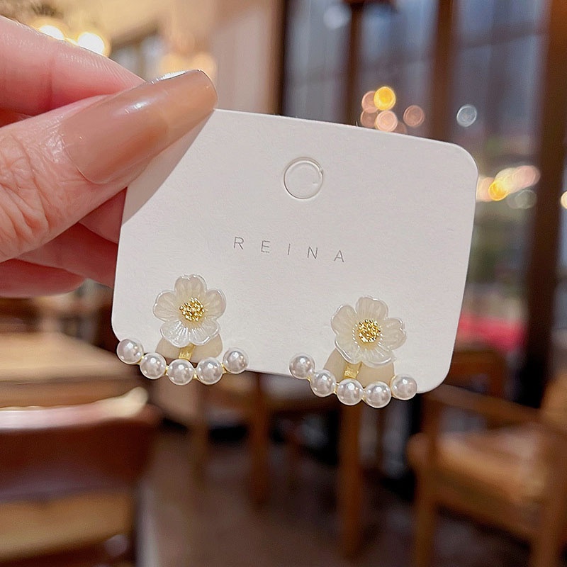 Bông tai hoa kim bạc 925 siêu dễ thương Bông tai ngọc trai nữ