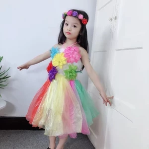 Túi nhựa tái chế váy xanh quần áo tay bé gái mẫu giáo vải cha mẹ và con cái thời trang.3.6