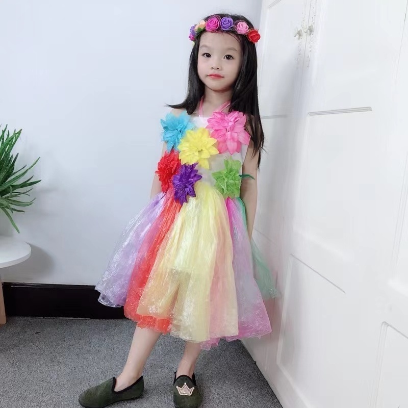 Túi nhựa tái chế váy xanh quần áo tay bé gái mẫu giáo vải cha mẹ và con cái thời trang.3.6