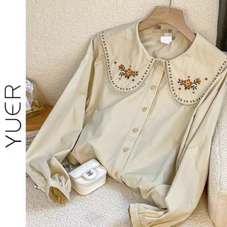 Áo Sơ Mi Cổ Bẻ Dáng Rộng Thêu Hoa Thời Trang Hàn Quốc Xinh Xắn Cho Nữ