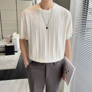 Mùa Hè Cao Cấp Thoáng Khí Ice Silk Dệt Kim Áo Thun Ngắn Tay Nam Ánh Sáng Hàn Quốc Sang Trọng Màu Trơn Ngắn Tay Rời Áo Thun