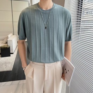 Mùa Hè Cao Cấp Thoáng Khí Ice Silk Dệt Kim Áo Thun Ngắn Tay Nam Ánh Sáng Hàn Quốc Sang Trọng Màu Trơn Ngắn Tay Rời Áo Thun