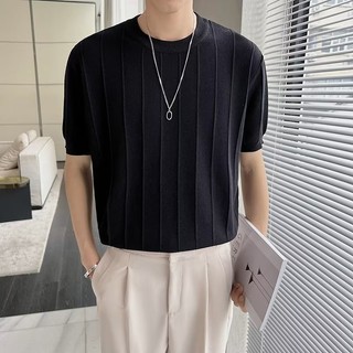 Mùa Xuân Mùa Hè Áo Thun Ngắn Tay Nam Ánh Sáng Hàn Quốc Phong Cách Trưởng Thành Băng Lụa Dệt Kim Áo Thun Ngắn Tay Cao Cấp Đơn Giản Sọc Dệt Kim Nửa Tay Rời Áo Thun