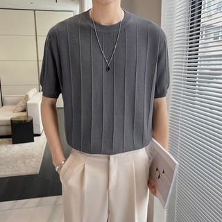 Mùa Hè Cao Cấp Thoáng Khí Ice Silk Dệt Kim Áo Thun Ngắn Tay Nam Ánh Sáng Hàn Quốc Sang Trọng Màu Trơn Ngắn Tay Rời Áo Thun