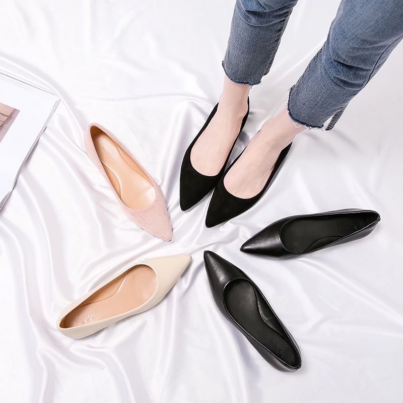Giày Nữ Size Lớn Mũi Nhọn Đế Bằng Da Lộn Xuân Thu, Công Sở, Miệng Nông, Phù Hợp Size Nhỏ 31–33